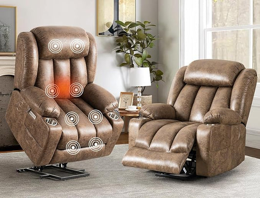 HUSFU Oversized Power Lift Recliner Chairs for Elderly with Massage and Heat, Extra Wide Recliners,Breathable Leather Lift Chairs w/Cup Holders, USB & Type-C Ports, Brown,2PCS