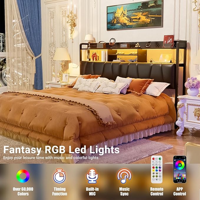 Unikito Headboard for King Size Bed Frame, Upholstered Head Board with Outlets, USB Ports and LED Light, Comfortable Leather Headboards with Storage Shelf, Sturdy King Bed Headboard Only, Black