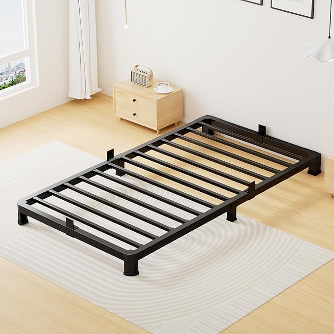4 Inch Twin Bed Frame Low Profile, Heavy Duty Metal Platform Bed Frame with Round Corner Legs, Sturdy Mattress Foundation, No Box Spring Needed, Easy Assembly, Noise Free, Black
