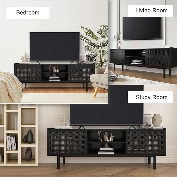 ORRD TV Stand for TVs Up to 70 Inch, Accent Iron Rattan Storage Cabinet Television Stands Entertainment Media Center Console Table with Sliding Barn Door and Adjustable Shelves for Living Room