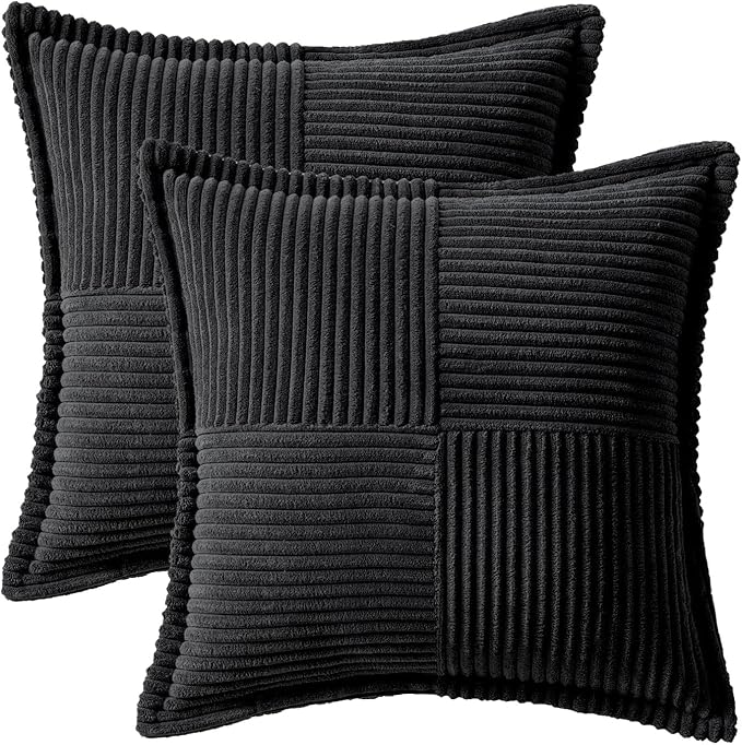MIULEE Black Corduroy Decorative Euro Sham Pillow Covers 24x24 Inch with Splicing Set of 2 Soft Boho Pillow Covers Broadside Textured Pillowcases for Halloween Couch Bed Livingroom