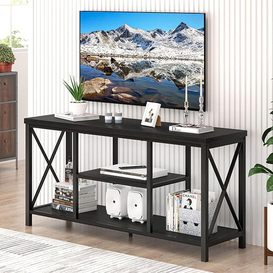 EXCEFUR Modern Entertainment Center for TVs up to 55 Inch, Wood TV Stands with Storage Shelves, Industrial Media TV Console Table for Bedroom Living Room, 47 Inch Black Oak