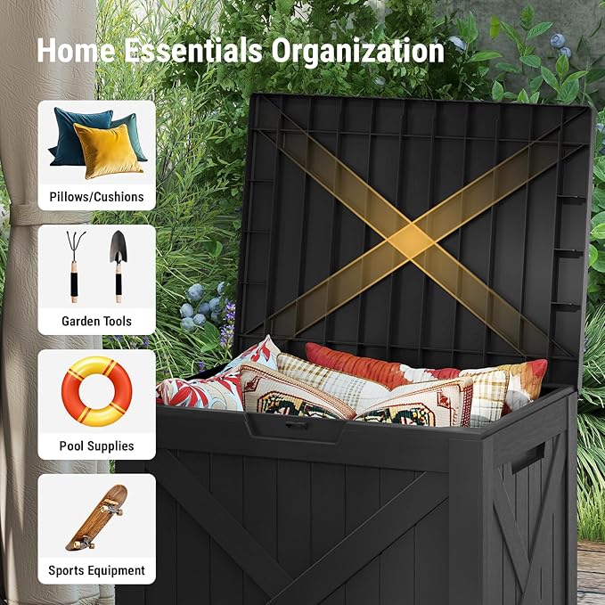 Mars Villa 31 Gallon Deck Box, Outdoor Storage Box Waterproof, Outside Resin Storage Bin for Outdoor Patio Furniture Cushions, Pool Supplies, Garden Tools, UV-Resistant and Weatherproof, Black Barn