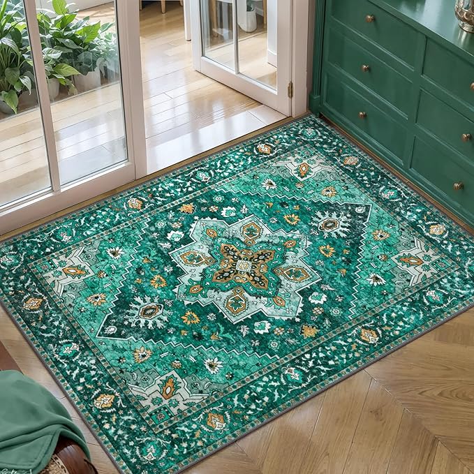 Vintage Rug 2x3 Washable Rug for Entryway, Non Slip Small Area Rug, Indoor Front Door, Print Distressed Emerald Door Mat Carpet, Soft Low Pile Rugs for Entrance Kitchen Bedroom Bathroom