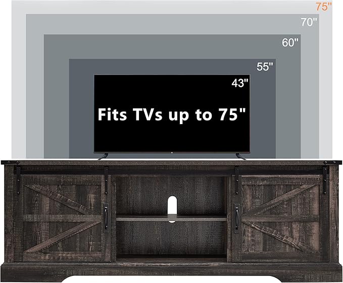 OKD Farmhouse TV Stand for 75 Inch TV with Sliding Barn Door, Rustic Wood Entertainment Center Large Media Console Cabinet Long Television Stands for 70 Inch TVs, Dark Rustic Oak
