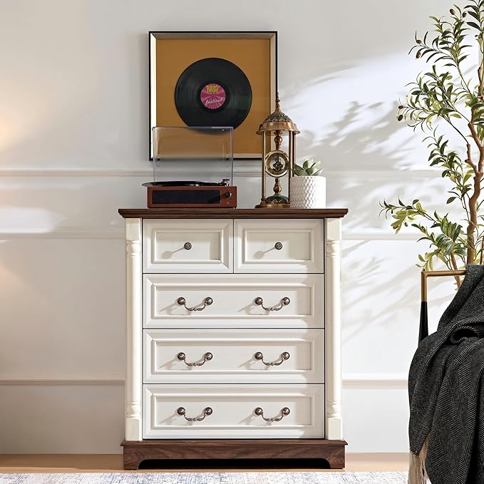 Farmhouse 5 Drawer Dresser with Roman Column Design, 36" Tall Chest of Drawers, Wood Storgae Cabinet Organizer for Bedroom, Hallway, Antique White