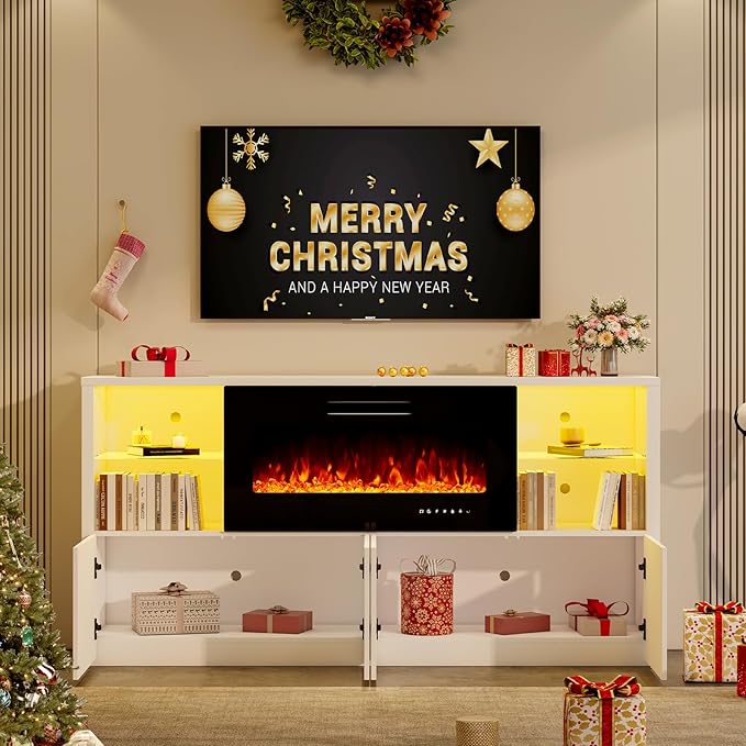 68" Modern Fireplace TV Stand for TVs up to 75", High Gloss Entertainment Center with 40" Fireplace, 4 Shelves & Storage Cabinets, Media Console Table, All Gloss White