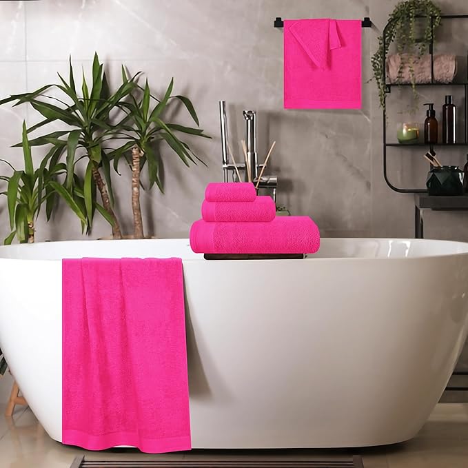 Ultra Soft 6 Pack Cotton Towel Set, Contains 2 Bath Towels 28x55 inch, 2 Hand Towels 16x24 inch & 2 Wash Coths 12x12 inch, Ideal Everyday use, Compact & Lightweight - Hot Pink