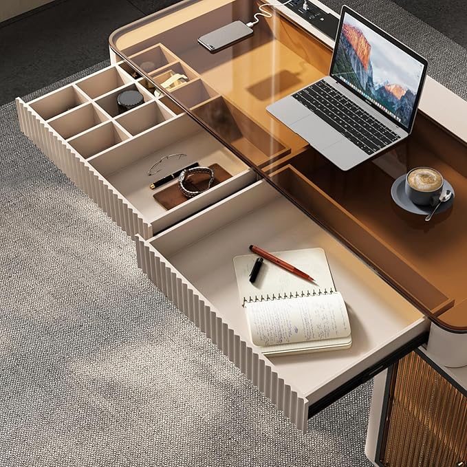 Lartis Office Desk, Very Easy to Assemble, Computer Desk, Home Telescopic Writing Desk, Modern Computer Desk with Retractable Cabinet Built-in LED Lights (Pale Pink, 47 in)