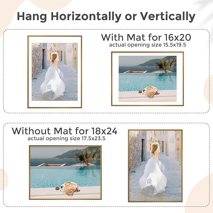 18x24 Metal Picture Frame For Wall With Mat For 16x20, 18''x24'' Aluminum Photo Frames With Tempered Glass For Home Decor, Minimalist Modern Poster Frame Horizontal And Vertical Formats, Bronze