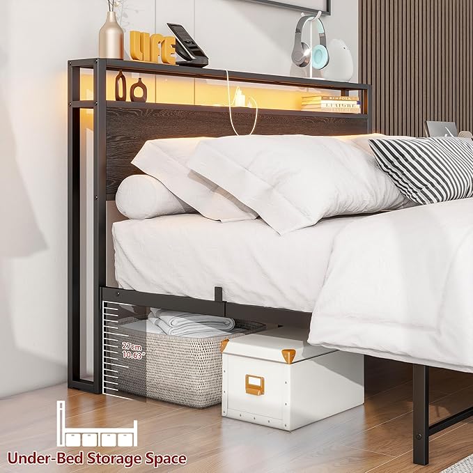 Queen Bed Frame With Storage Headboard/LED Lights, Metal Platform With Charging Station, No Box Spring Needed, Heavy Duty Slats, No Noise, Black