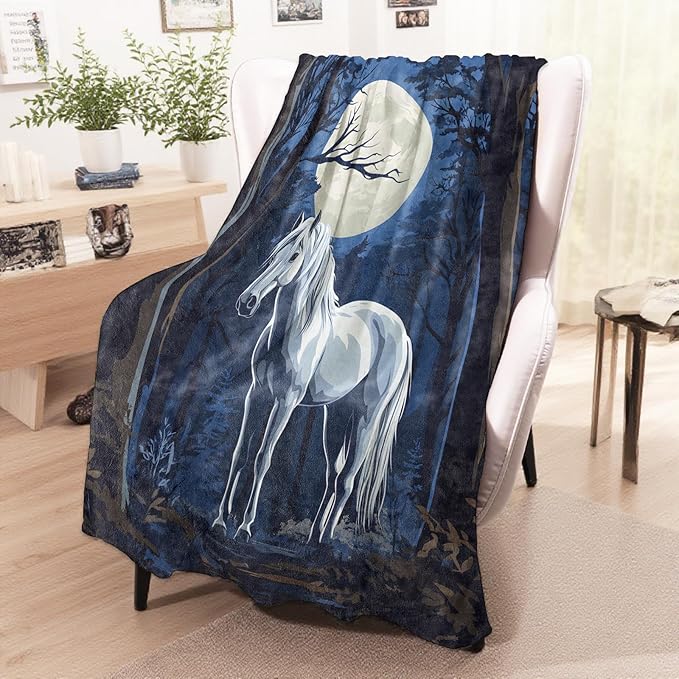 Moonlit Horse Blanket, Cozy Flannel Mystical Horses with Full Moon Throw Blanket for Couch Outdoor, Plush Soft Lightweight Travel Blankets for Bed Decor and Gifts, for Women Adults Kids 60"x80"