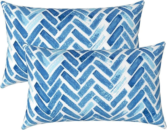 LVTXIII Set of 2 Patio Lumbar Pillows, 12”x20” Fade Resistant Outdoor Lumbar Pillow with Inners, Fluffy Decorative Garden Lumbar Cushions for Home Patio Coach Sofa Use, Blue Brick