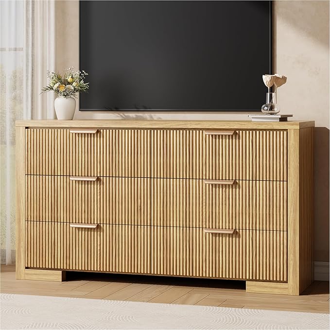 Fluted 6 Drawers Dresser for Bedroom, 54" Modern Chest of Drawers with Metal Handle, Wood Closet Clothes Storage Organizer for Living Room, Hallway, Entryway, Natural Oak