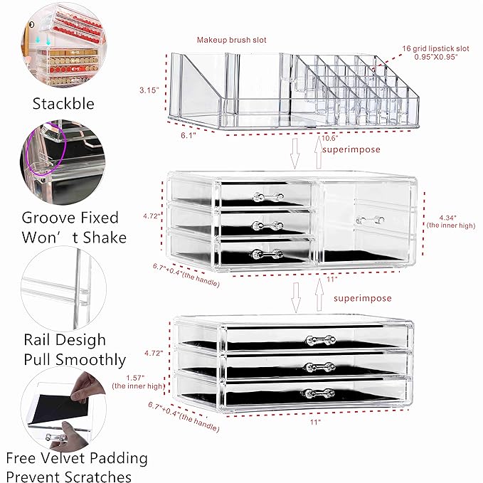 Cq acrylic 3 Pack Clear Make Up Organizers for Vanity,Stackable 7 Drawers Make Up Organizer,Cute Desk Organizer for Vanity Jewelry,Hair Clip,Beauty,Skincare Product Dresser Acrylic Drawer Organizer