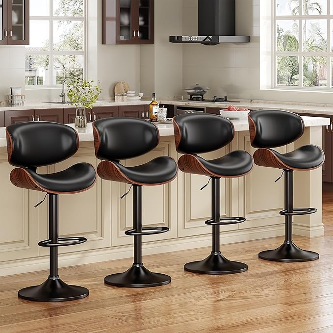 Bar Stools Set of 3, Bentwood Adjustable Height Swivel Bar Stools, PU Leather Upholstered Bar Chair with Back and Footrest for Bar, Kitchen, Dining Room, Black