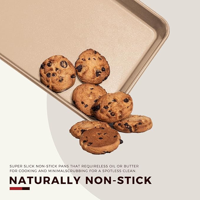 KITESSENSU Baking Pans Sets, Nonstick Bakeware Set 7-Piece with Round/Square Cake Pan, Loaf Pan, Muffin Pan, Cookie Sheet, Roast Pan, Cooling Rack & Silicone Oven Mitts, Carbon Steel Bake Set,Gold