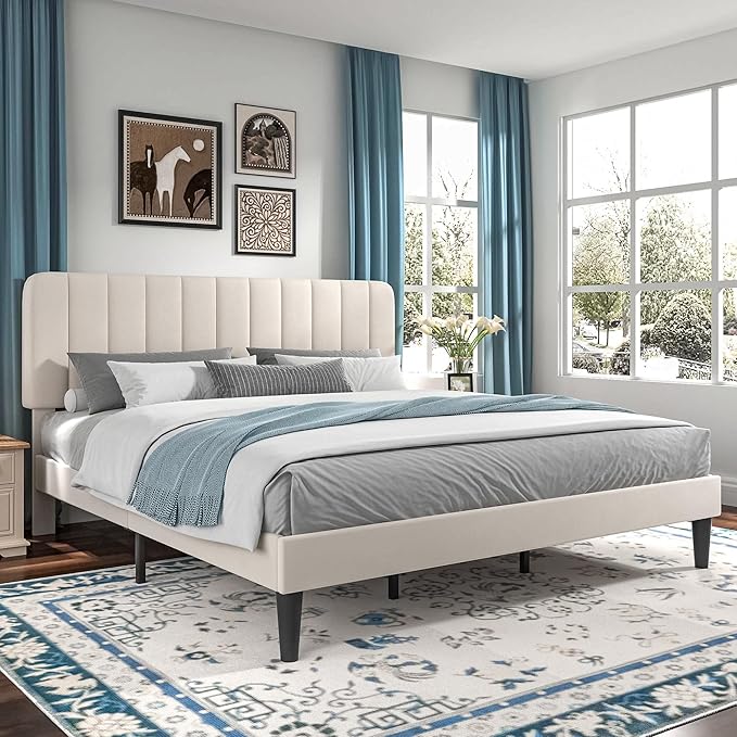VECELO King Size Bed Frame with Upholstered Headboard, Velvet Platform Bedframe Mattress Foundation, Strong Wood Slat Support, No Box Spring Needed,Velvet Beige
