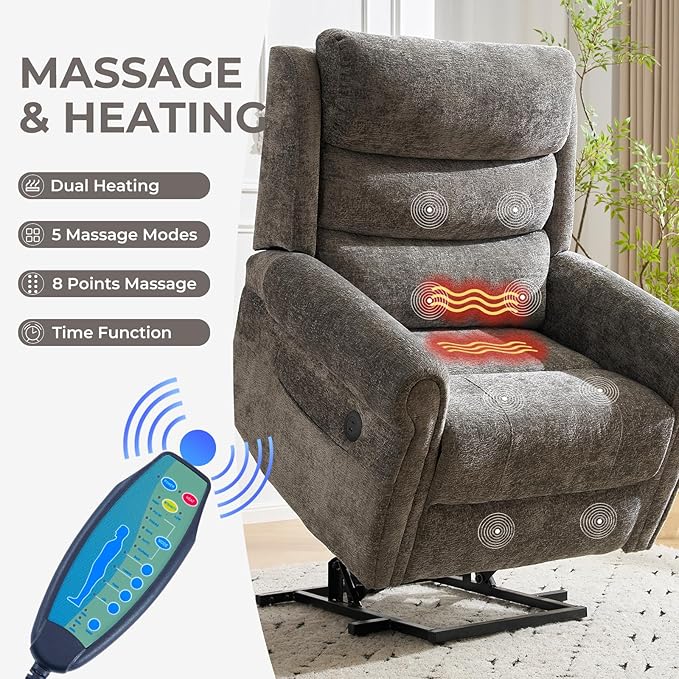 Power Lift Recliner Chair for Elderly with Adjustable Headrest, Oversized Lay Flat Recliner with Massage and Heat,28" Extra Wide Lift Chair for Big and Tall , Infinite Position,Extended Footrest, Grey