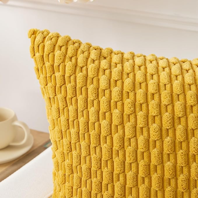 Kevin Textile Throw Pillow Covers Soft Corduroy Decorative Set of 2 Boho Striped Pillow Covers Pillowcases Farmhouse Home Decor for Couch Bed Sofa Living Room 22x22 Inch Mustard Yellow