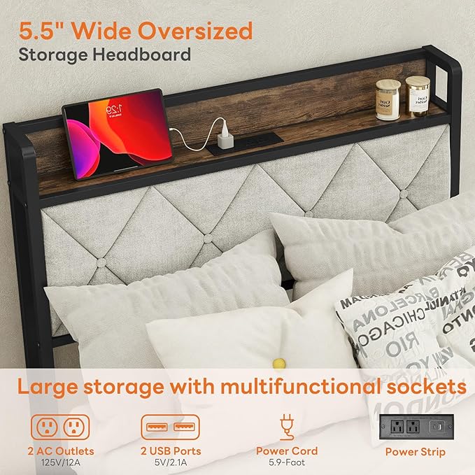 Sweetcrispy Twin Bed Frame with Headboard,Spacious Underbed Storage,Integrated Charging Station,Durable Squeak-Free Frame,Simple No-Tool Assembly,Works with Twin Mattress No Box Spring Required