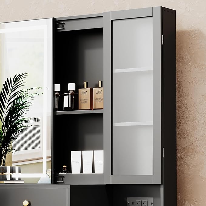 Black Makeup Vanity Desk with Sliding Mirror and LED Lights,Power Outlet&Vanity Stool for Makeup Table,Makeup Organizer Countertop with Cabinets&5 Storage Drawers