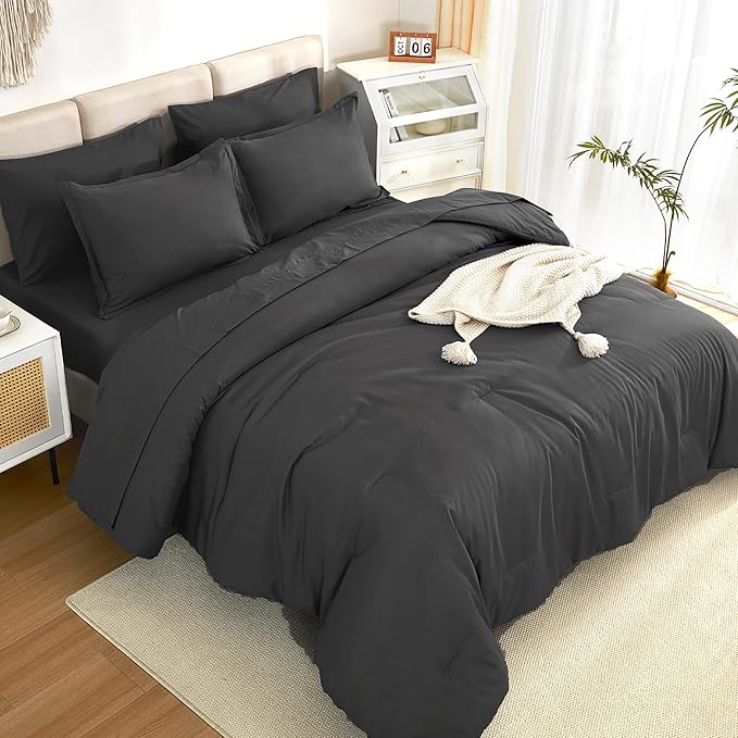 Litanika Comforter King Size Set Dark Grey - 7 Pieces Bed in a Bag King Bedding Comforter Sets, Plain Lightweight Bed Set with Comforter, Sheets, Pillowcases & Shams