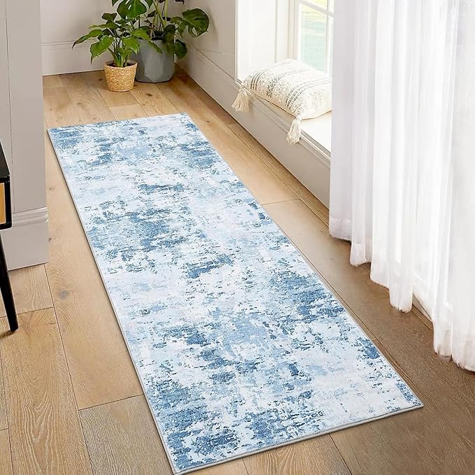 Modern Abstract 2x8 Area Rug Non Slip Non Shedding Low Pile Stain Resistant Rug for Hallway Kitchen Bedroom Non Shedding,Light Blue