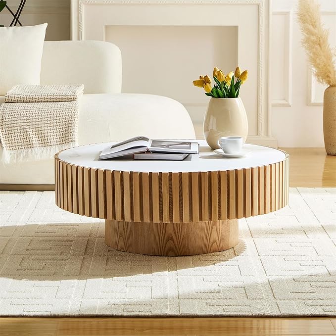 Round Coffee Table for Living Room, Accent Fluted Drum Stone Coffee Table with Storage, Modern Solid Wood Circle Center Tea Table for Small Space Apartment (35.4''D×14''H-Natural)
