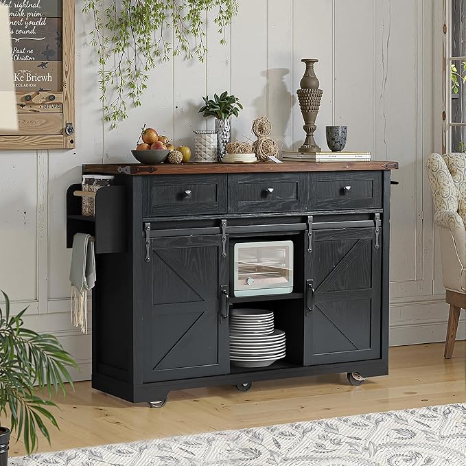 Merax 53.7" Kitchen Cart Island on Wheels with Power Outlet,Drop Leaf and 2 Sliding Barn Door,Farmhouse Wood Frame Storage Cabinet for Dining Room