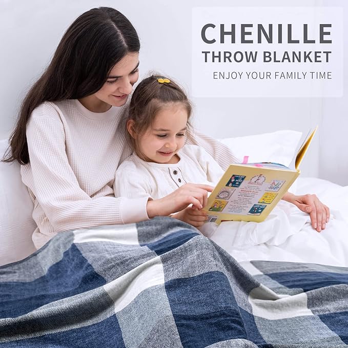 RECYCO Buffalo Paid Chenille Throw Blanket for Couch, Soft Cozy Decorative Buffalo Check Blanket Throw with Tassels for Bed Sofa, Lightweight Chenille Knitted Throw, Plaid Navy Off White, 50'' x 60''