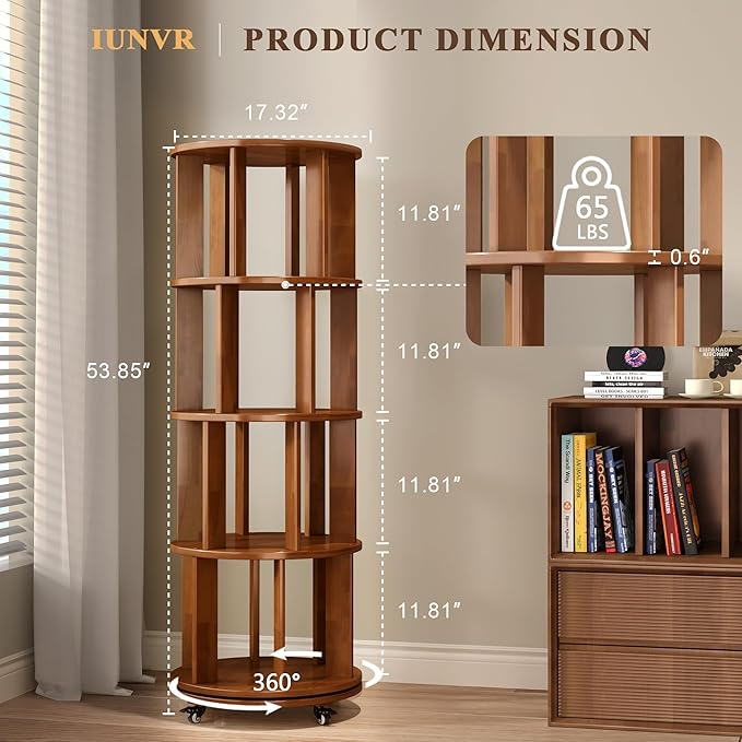 4-Tier Rotating Bookshelf, 360° Spinning Stackable Bookcase, Freestanding Bookshelf for Home Office Study Room Bedroom Living Room