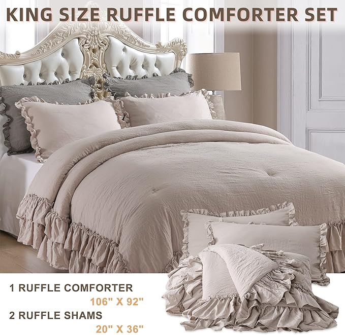 QSH Shabby Ruffled Comforter Set 3 Pieces, Lightweight Taupe Bed Comforter,Microfiber Inner Fill Bedding King Size