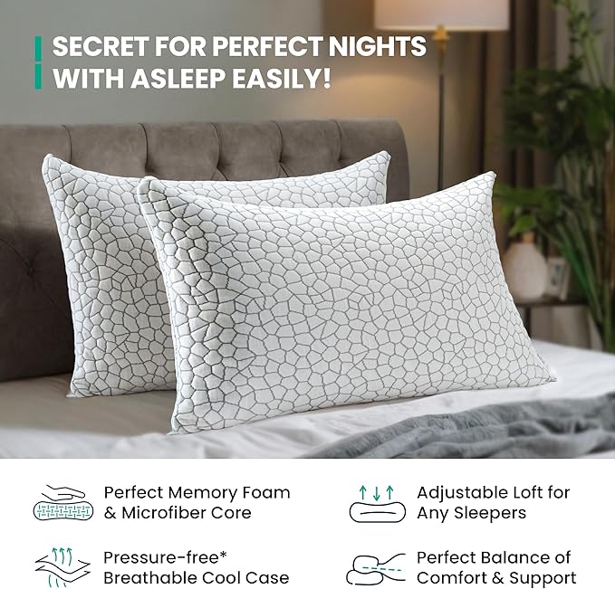 Bed Pillows Set of 2 Shredded Memory Foam Pillows, Soft-Firm Adjustable Pillows for Sleeping, 100% Viscose from Bamboo Pillow Cover for Back, Stomach and Side (Queen Size: 20 * 28in)