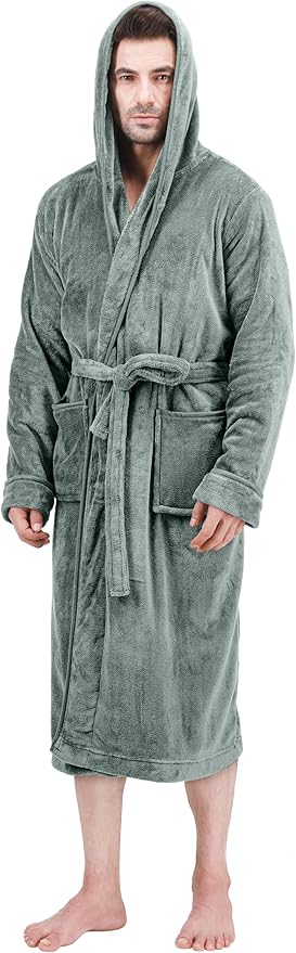 NY Threads Mens Robe with Hood, Luxury Plush Fleece Hooded Mens Bathrobe, Spa Bath Robe for Men