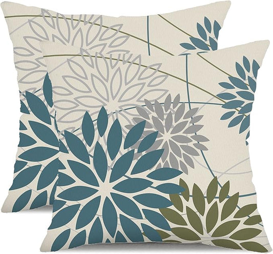 Blue Army Green Outdoor Pillow Covers Set of 2 16X16 Inch Teal Floral Elegant Polyester Flower Pillow Case Outdoor Waterproof Decor for Patio Funiture Garden Linen Cushion Covers 01C16