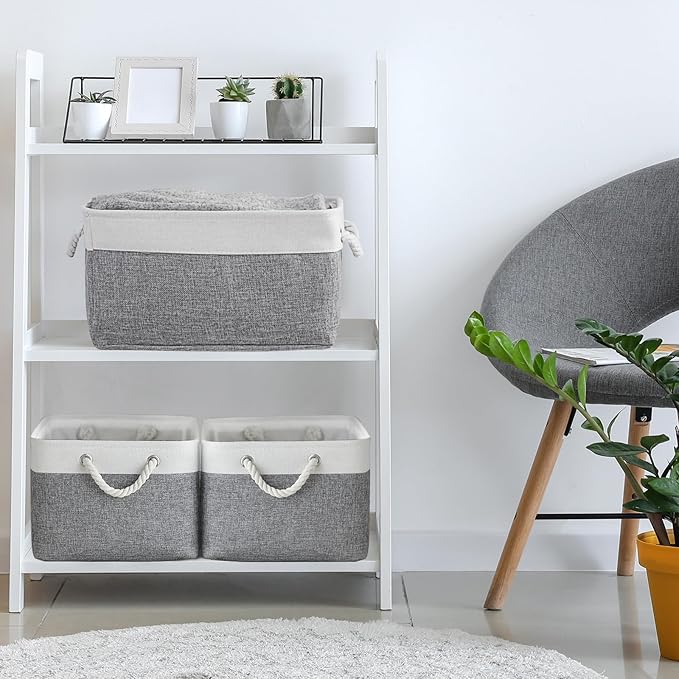 TheWarmHome Storage Basket for Organizing - 15.7x11.8x8.2 inch Large 3 Pack Collapsible Storage Bins for Shelves, Fabric Storage Cubes for Gift Closet Linen Organization (White & Grey)