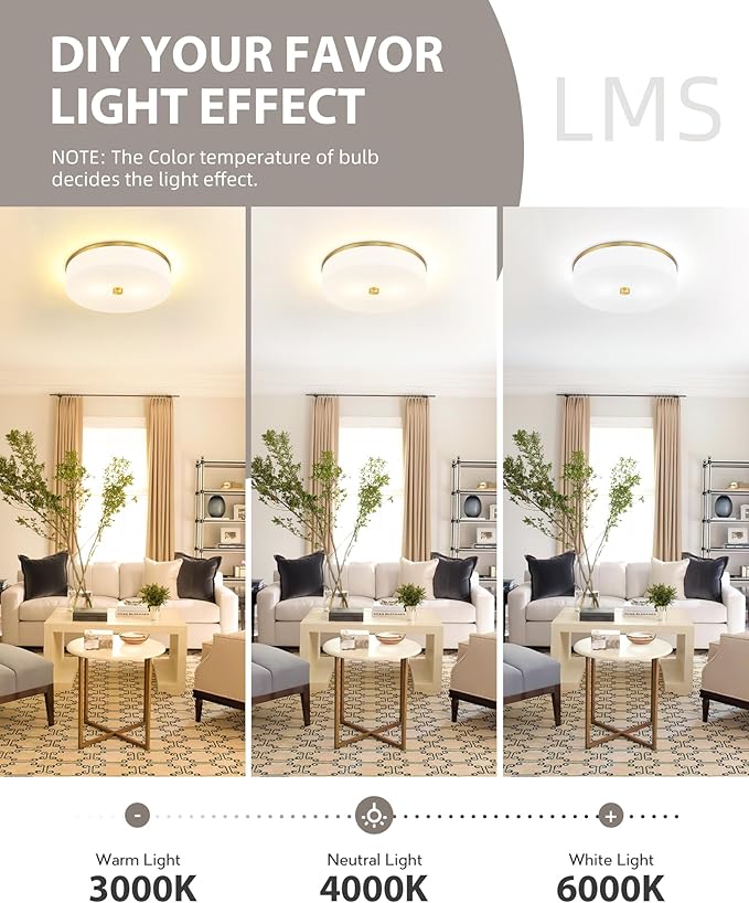 LMS Flush Mount Ceiling Light Fixture, Modern Brushed Gold Bathroom Ceiling Light with Drum Milky White Acrylic Shade, Kitchen, Living Room, LMS-192