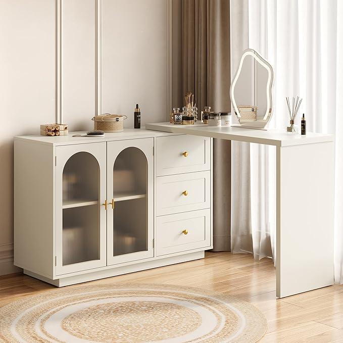 RoyalCraft White Makeup Vanity Desk, Modern L Shaped Corner Vanity with Storage, Wood Large Dressing Table for Women Girlfriend, Extendable Makeup Table for Bedroom, Cream White (Without Mirror)