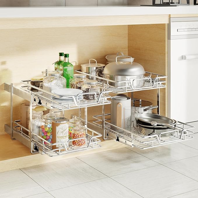 2-Tier Kitchen Pull out Cabinet Organizer,Shelf and Drawer Organizer Slide Out Pantry Storaqe Basket in Multiple Sizes (10.8" W x 21" D)