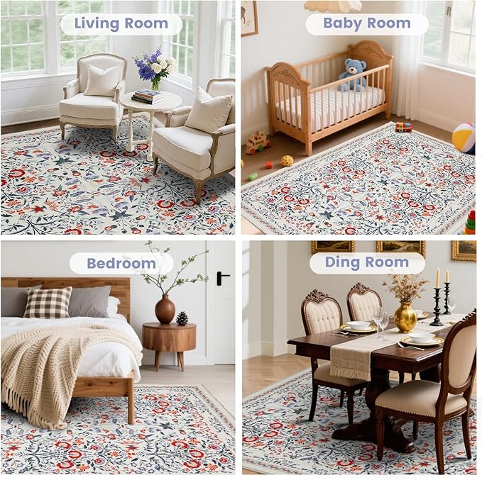 Area Rug Living Room Rug, 6X9 Rugs for Living Room Floral Boho Low Pile Super Soft Washable Rug, Stain Resistant Indoor Floor Non-Slip Carpet for Bedroom Bedside Dining Room Kitchen Nursery, Beige