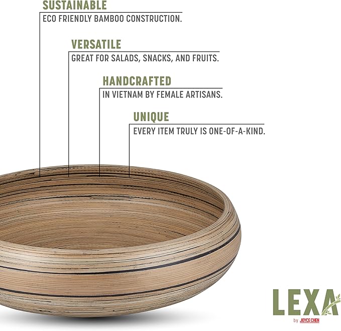 LEXA Bamboo Fruit Bowl for Kitchen Counter, 12 Inch Large & Round, Artisan Lacquered Wooden Fruit Bowl or Candy Bowl, Handcrafted Bamboo Fruit Basket for Kitchen & Home Decor (Black)