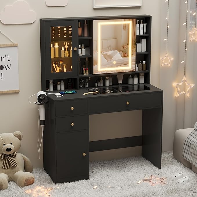 Makeup Vanity Desk with Mirror and Lights, Black Vanity with Glass Top, Jewelry Storage, Power Outlets, 3 Drawers & 2 Cabinets, Adjustable LED Lighting, Dressing Table for Women & Girls Bedroom
