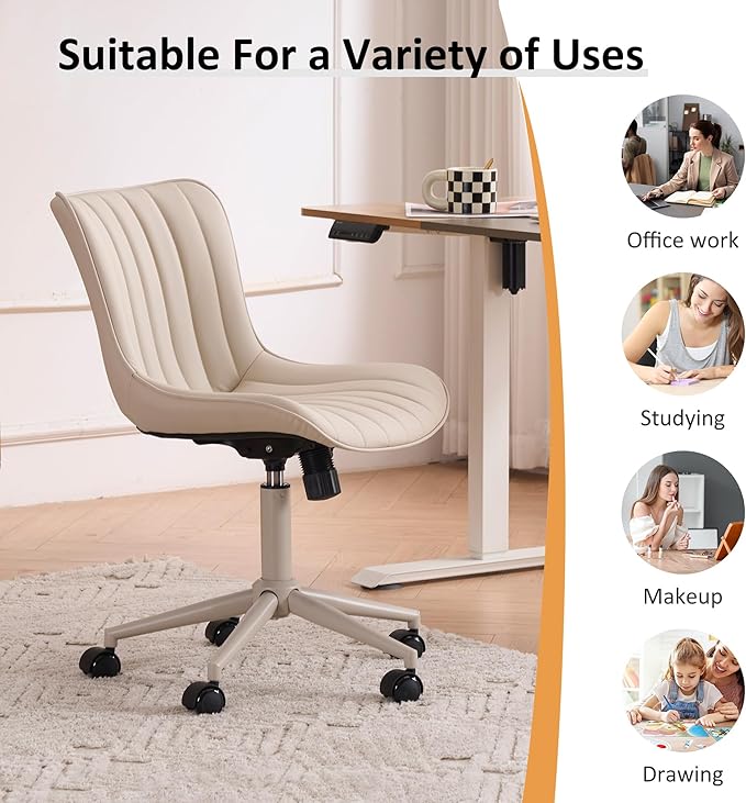 YOUNIKE Cream Home Office Desk Chair with Wheels Armless Compact Comfy Vanity Chair with Adjustable Back Modern Small Leather Upholstered Rolling Swivel Cute Computer Task Sewing Chair No Arms