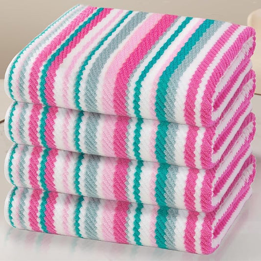 VOOVA & MOVAS Cotton Bath Towels Set of 4, 28"x52" - Quick Dry, Soft & Absobent & Lightweight, Luxury Striped Towels with Hanging Loop, Quick Dry Towels for Bathroom, Pink and Teal Stripe