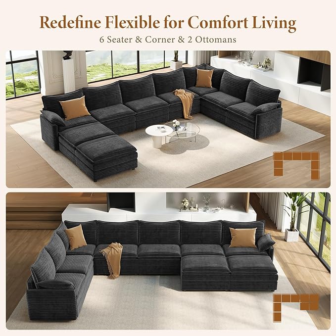 Vesgantti Large Modular Sectional Sofa, Big Comfy Cloud Couch with Ottoman Deep Seat Corduroy Cloud Sofa, 9 Seater Large Sectional Couches for Living Room, Bedroom and Apartment, Gray