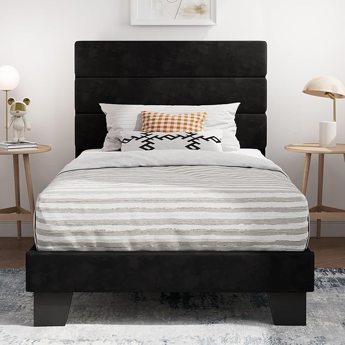 SHA CERLIN Twin Platform Bed Frame with Velvet Upholstered Headboard, Mattress Foundation with Strong Wooden Slats Support, No Box Spring Needed, Black