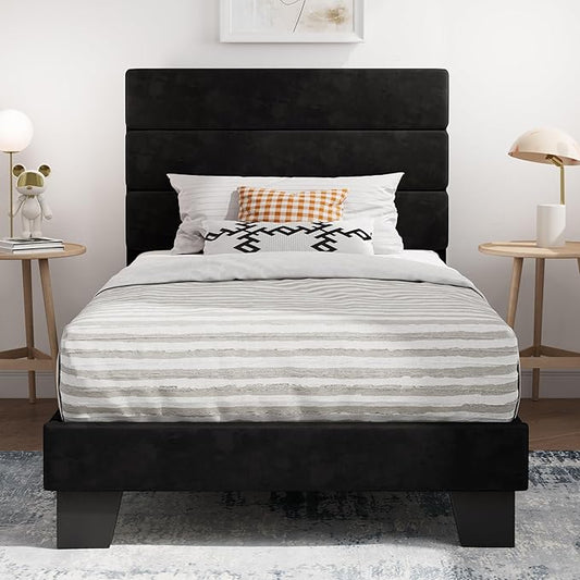 SHA CERLIN Twin Platform Bed Frame with Velvet Upholstered Headboard, Mattress Foundation with Strong Wooden Slats Support, No Box Spring Needed, Black