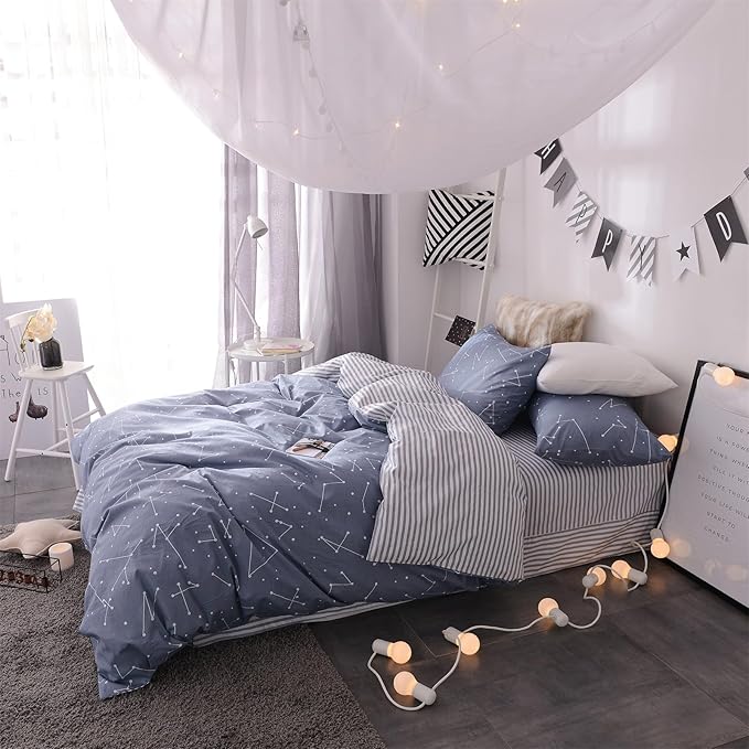 mixinni Full Comforter Sets Men Modern Navy Blue Constellation Bedding for Boys Teen Girls Geometric Comforter Bed Fluffy, 1 Comforter and 2 Pillow Shams-Full Size