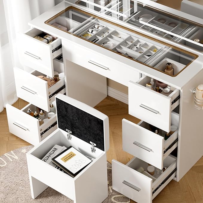 Makeup Vanity Desk with Power Outlet, 46'' Glass Top Vanity Set, 7 Drawers Vanity Table with Cushioned Stool, 3 Lighting Modes Brightness Adjustable,White